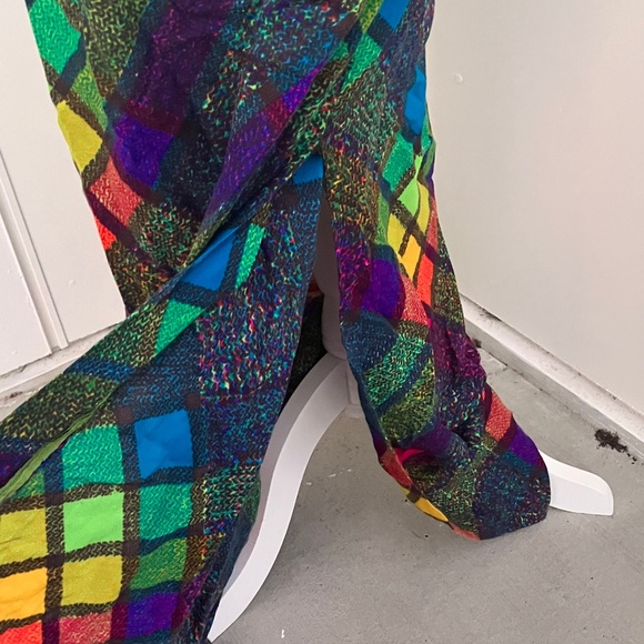 Vintage 60s 70s Kelly Green and Rainbow Checkered Plaid Colorful Maxi Dress - Picture 6 of 11